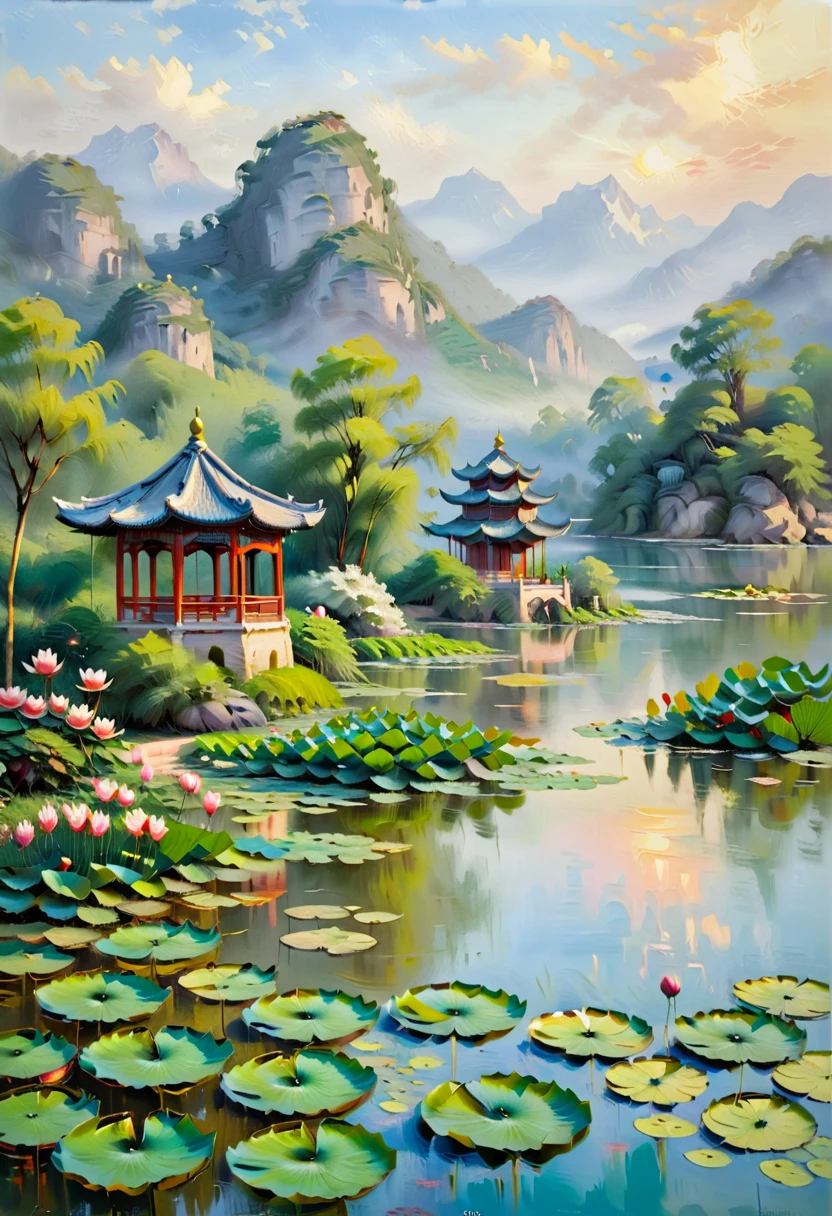 painting，hou dechang，bichuoil painting, traditional Chinese landscape painting ， Garden scenery in northern China ，midsummer，morning，Golden Hour，lake，Pavilion，tower，Lotus Leaf，Lotus， flower bud ，（Lotus：1.3），整个场景充满painting风格， traditional Chinese brushwork ， pink oil painting using ， green use ，In the style of a Chinese artist ，（ Large areas of white ，One-third composition ：1：3）， official art ，羊皮纸painting，painting，（（Simplicity）），Simplicity，Minimalism，Beige gray ，White background，Mist，Distant Mountains，painting风格，Parchment paper feel，clean，No text， quiet and ethereal ， HD resolution ， high quality 