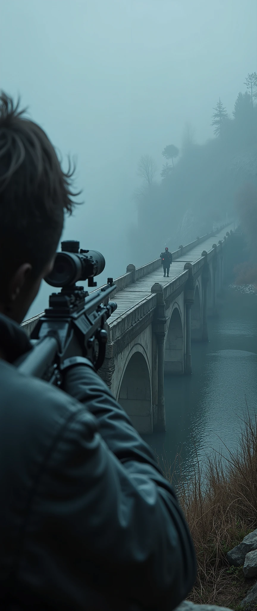 (masterpiece:1.2,Superior Quality,Mirror finish, Movie experiences ,  Best Illustration  ,Super detailed),8k, wallpaper, Movie Lighting,( describe the depth of the border  ),( Sniperの視点 ),( old bridge shrouded in fog :2.0),( aim at the target on the bridge:2.0),(Sniper:2.0),(Dark atmosphere:2.0),(Sniperが霧で見えにくい視界の中を遠くの橋の上にいるターゲットを狙っている:2.0)