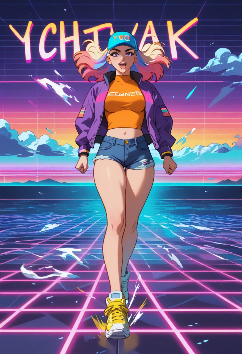 1 girl running, motion effects, synthwave 80s ,neon, fluorescent colors, action,Girl wears a blue cap , purple jacket,an orange top ,  short and tight denim shorts ,Your thighs are thick, her hair dyed pink and short , yellow sneakers expression of anxiety. Masterpiece,80&#39;s style, iluminaction global