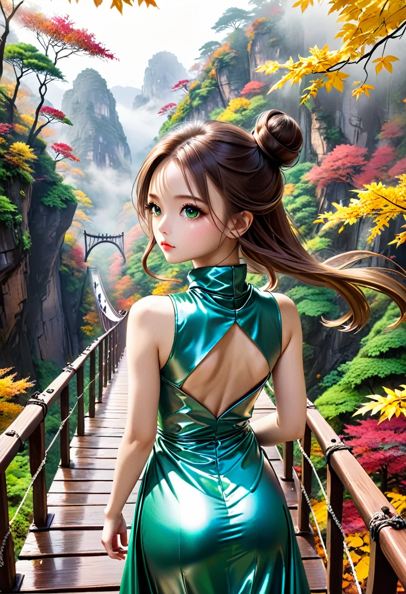 (( one girl , Chibi:1.5)), (( Walk on a suspension bridge in an old wooden rough canyon shrouded in deep fog:1.5、 ropes and broken floorboards that seem to break even now 、An unexplored suspension bridge that was forgotten and overgrown with ivy and moss:1.5))、((((Taken obliquely from behind :1.5、from behind:1.5)), back view:1.5, looking away)), ((Top Models:1.5))、 best quality, masterpiece,  ultra high resolution, (Realistic:1.4),  RAW Photos,  complex details,  big beautiful dark emerald eyes :1.5, Perfect Contour, Small face、masterpiece, Silky Long Hair,  ((Blunt Bungs:1.5, forehead:1.5)), (natural makeup:1.5、full lips:1.5, pink lips:1.5, gloss lips:1.5, parted lips1.5), slim、(middle chest:1.2,  firm chest :1.2, High chest:1.5),  (( Extremely soft and relaxed high neck sleeveless metallic satin middle dress:1.5、 shiny super shine iridescent silver dress:1.5)), (( The background is a steep canyon with no visible bottom shrouded in deep fog 、 An unexplored deep forest :1.5、Yellow Leaf 、autumn leaves、Early morning in late fall 、 soft sunshine、Bokeh))