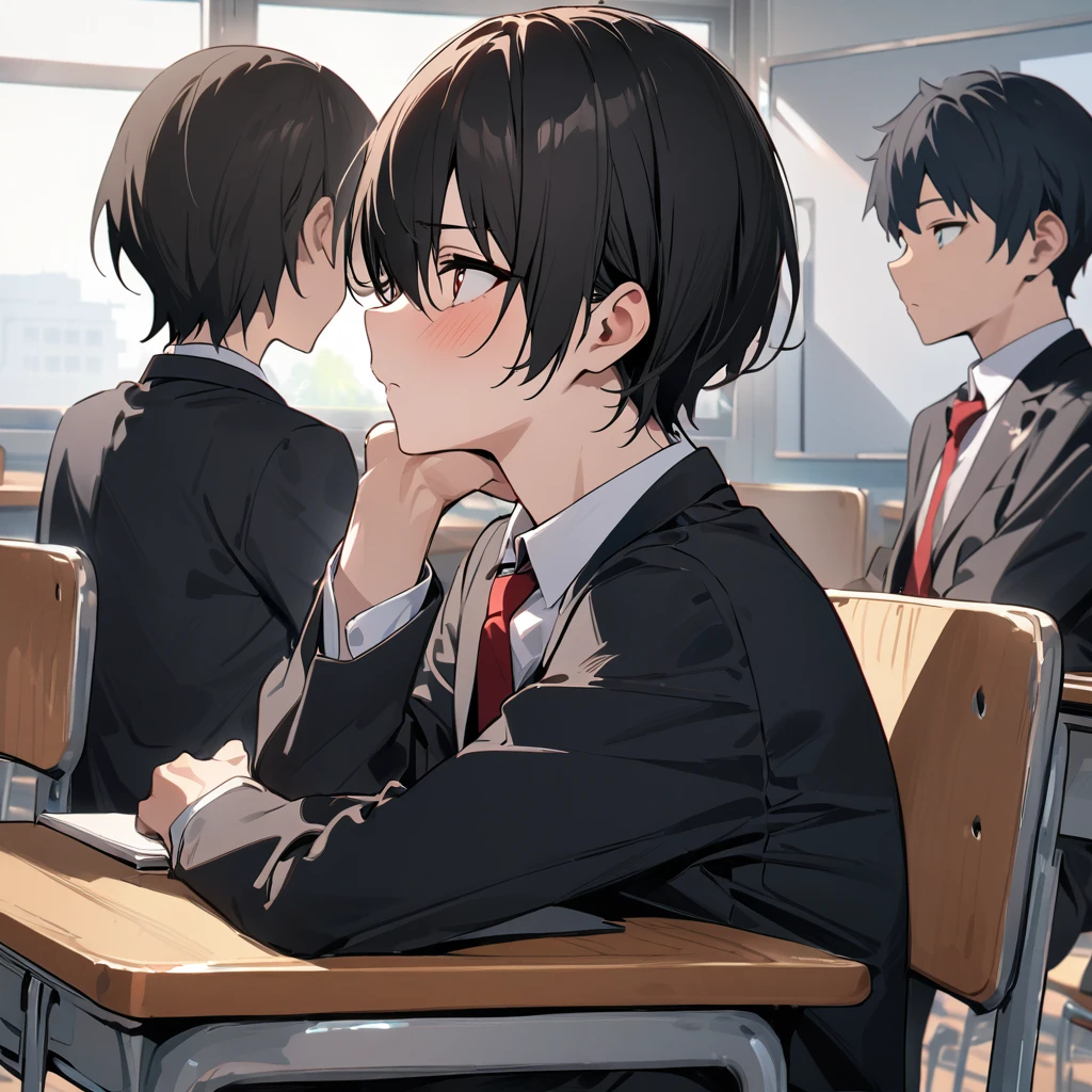 masterpiece,  best quality:1.2)、male、student、 shorthair 、Kind eyes、黒のstudent服、 red tie、 stare 、classroom、 sitting on a chair、 side view