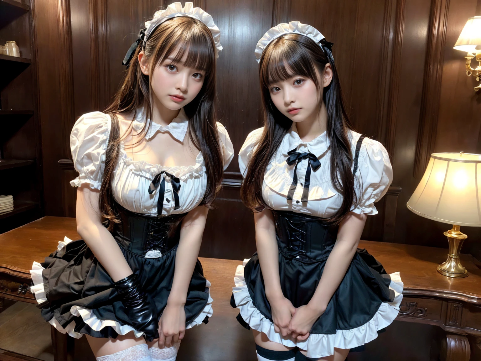 (2girls, twins:1.3), (beauty girls, delicate girls:1.3), (20 years old:1.3),
break, (cute maid uniform, ruffle blouse, pink ribbon tie, skirt:1.2),
break, (maid cafe:1.2),
break, very fine eyes, (symmetrical eyes:1.3),
break, (huge breasts:1.2), brown eyes, parted bangs, brown hair, Voluptuous things,
break, (eyes and faces with detailed:1.0),
break, (masterpiece, best quality, ultra detailed, detailed face, 8k)