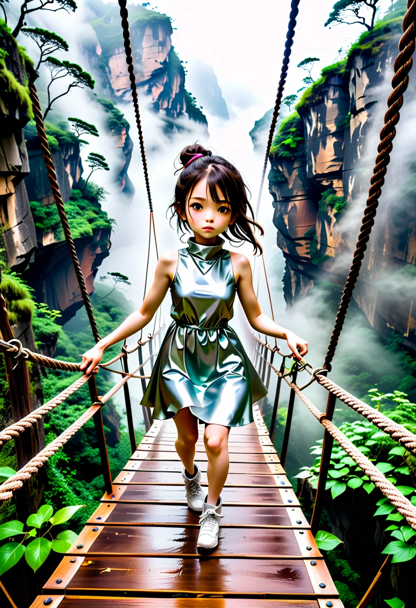 (( one girl , Chibi:1.5)), (( Walk on a suspension bridge in an old wooden rough canyon shrouded in deep fog:1.5、 ropes and broken floorboards that seem to break even now 、An unexplored suspension bridge that was forgotten and overgrown with ivy and moss:1.5))、((((Taken obliquely from behind :1.5、from behind:1.5)), back view:1.5, looking away)), ((Top Models:1.5))、 best quality, masterpiece,  ultra high resolution, (Realistic:1.4),  RAW Photos,  complex details,  big beautiful dark emerald eyes :1.5, Perfect Contour, Small face、masterpiece, Silky Long Hair,  ((Blunt Bungs:1.5, forehead:1.5)), (natural makeup:1.5、full lips:1.5, pink lips:1.5, gloss lips:1.5, parted lips1.5), slim、(middle chest:1.2,  firm chest :1.2, High chest:1.5),  (( very soft and loose high neck sleeveless metallic satin middle dress:1.5、 shiny super shine iridescent silver dress:1.5)), (( The background is a steep canyon with no visible bottom shrouded in deep fog 、 An unexplored deep forest :1.5、Yellow Leaf 、autumn leaves、Early morning in late fall 、 soft sunshine、Bokeh))