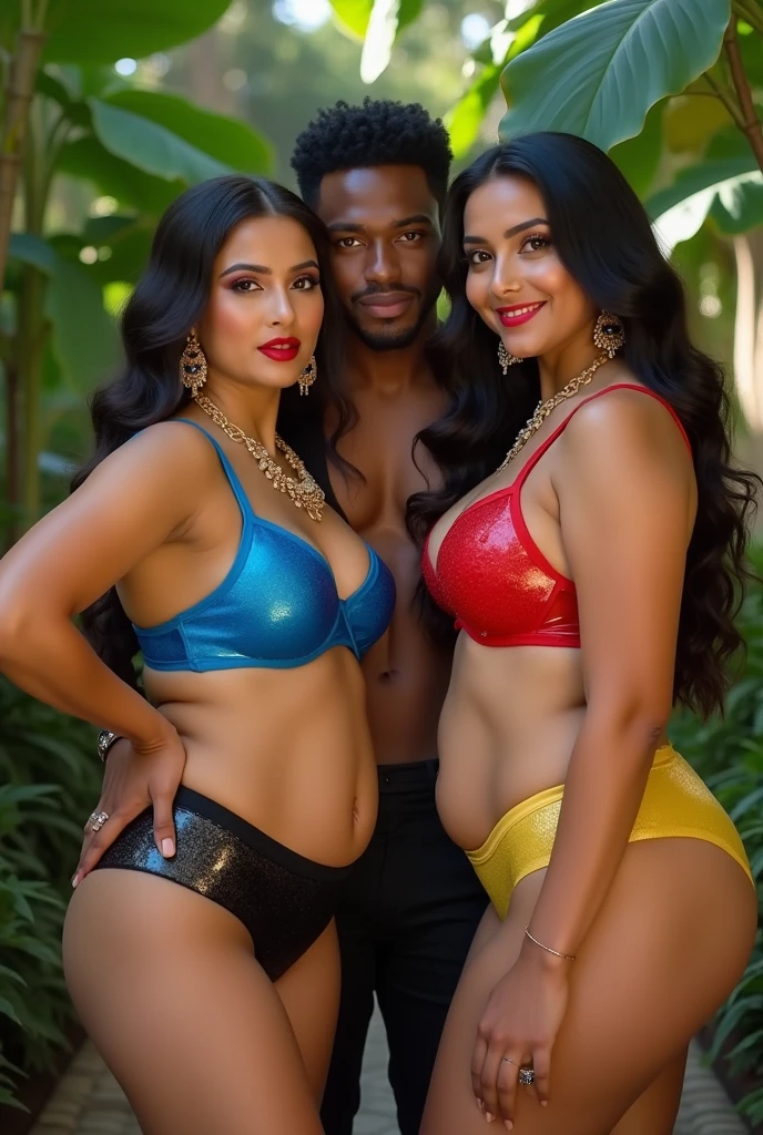 Realistic photo of interacial couple,a beautiful young white skin indian woman wearing full sized traditional blue dupatta and a muscular black full naked man with his big black cock, nude photoshoot in a studio, realistic photo, white background,((Indian white skin girl wearing jewellery, bindi, bangles, light blue dupatta, she is very happy)),((black man is completely nude)). very realistic image, detailed image, High quality high detail,8k