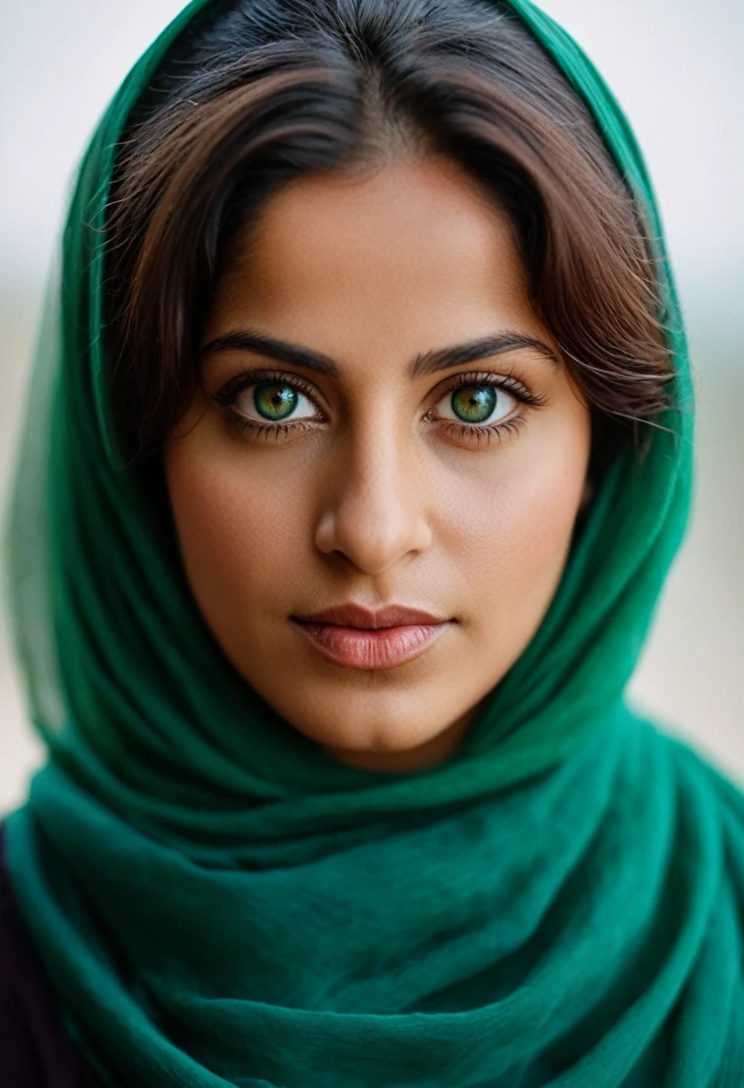 front shot, portrait photo of a 28 y.o (Qatari woman), (green headscarf), blue eyes, looks away, natural skin, skin moles, (cinematic, film grain:1.1) photograph, raw photo, 38d breasts woman, beautiful 29 yo persian-russian girl [Vladlena Farideh|Anahita Oksana], (((ultra realistic))) Photo, masterpiece, top quality, (Ultra detailed face and eyes:1.2), 1 girl, Adult, ((rays)), (Glare), ((upper body body)) , ultra detialed, thick, curly hair, detailed skin texture & pores, (goosebumbs:0.7), looking at viewer, closeup, film grain rubenesque figure, long face, 35 mm film camera, ((full size photograph)), natural skin, skin moles, cozy interior, (cinematic, film grain:1.1)