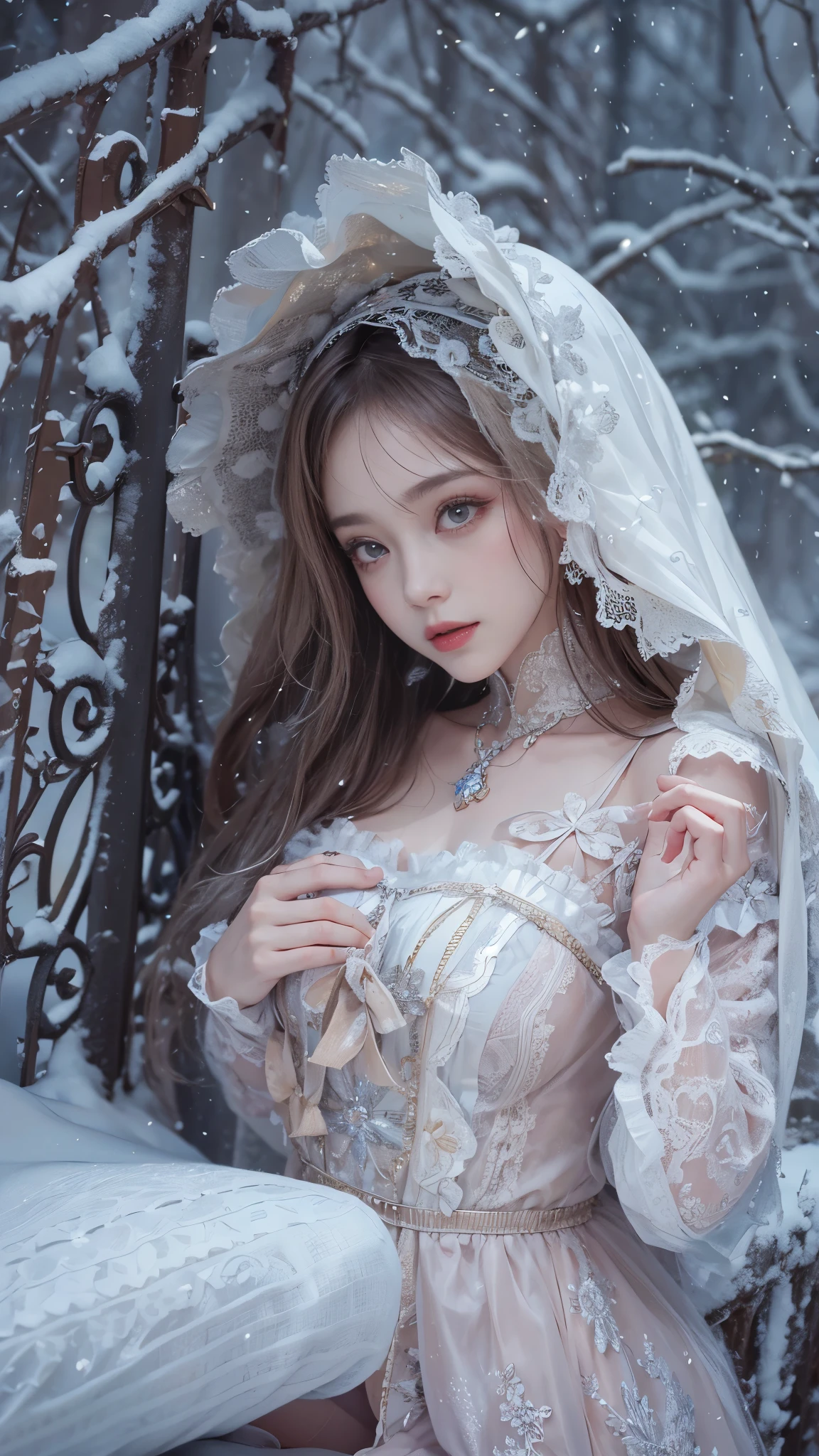 (8k,RAW photos, Best quality, masterpiece:1.2),(Realistically, Shoot real:1.4),hide your face from sadness,
Lolita clothing,Lace, Iris Gainsborough, Upper part of the body,thigh,Lace, underwear,Expose bare shoulders, external, (external,Covered with snow,cloak,) high quality, Adobe Lightroom, High Detail Skin, Looking at the audience,