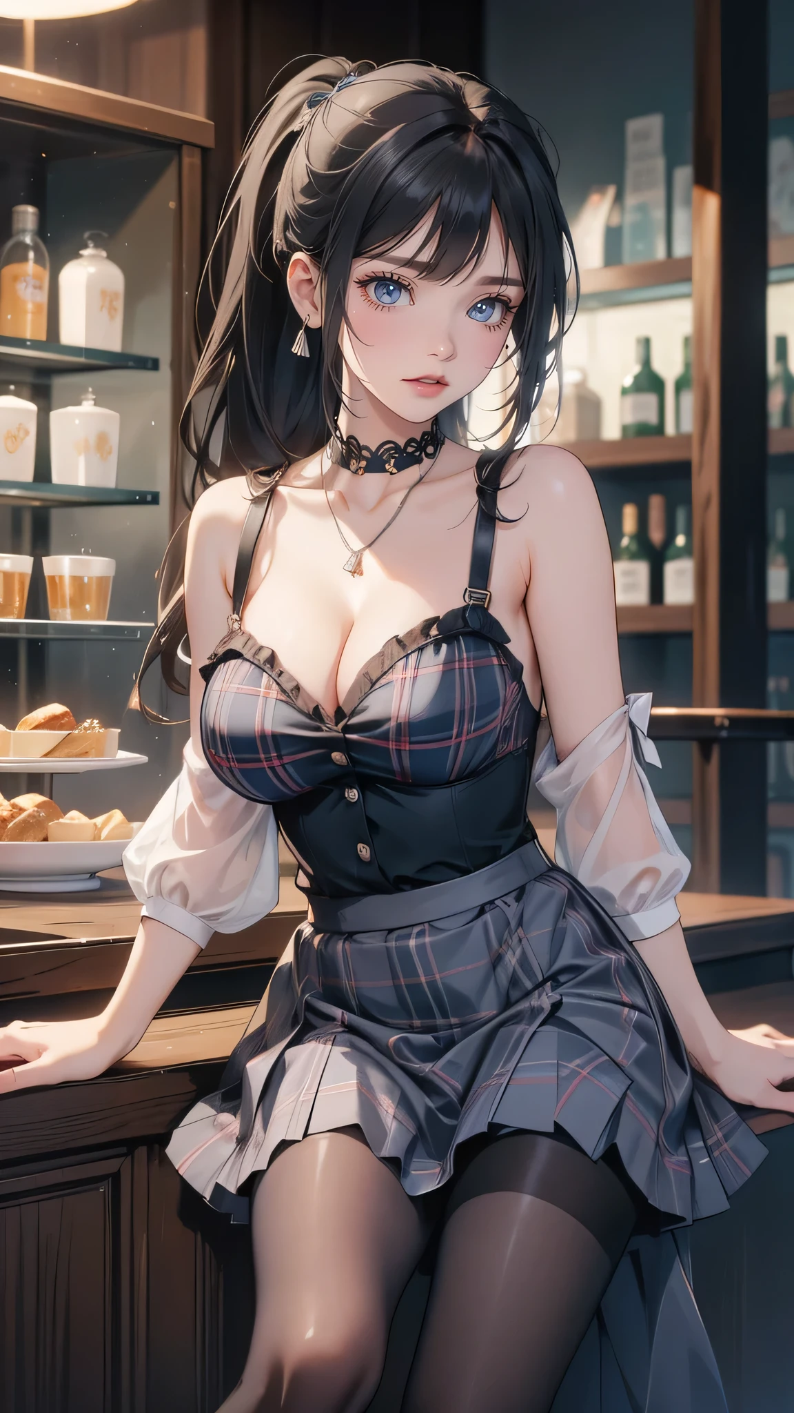 One Girl、(20-year-old woman)、Cat ears headband、Cat tail、Black maid outfit、Holding a tray with two parfaits on it in one hand、With the other hand, lift your skirt to show your underwear、Short skirt、I can see your pants、White knee-high socks、Striped pants、Highest quality、8K、Beautiful Face、Mischievous smile、Wink to the viewer、View Viewer、A bright cafe with a black cat