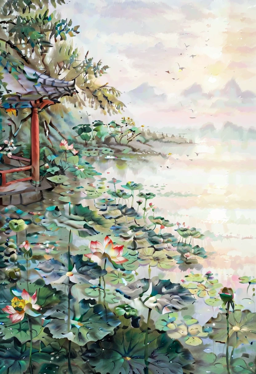 painting，hou dechang，bichuoil painting, traditional Chinese landscape painting ， Garden scenery in northern China ，midsummer，morning，Golden Hour，lake，Pavilion，tower，Lotus Leaf，Lotus， flower bud ，（Lotus：1.3），整个场景充满painting风格， traditional Chinese brushwork ， pink oil painting using ， green use ，In the style of a Chinese artist ，（ Large areas of white ，One-third composition ：1：3）， official art ，羊皮纸painting，painting，（（Simplicity）），Simplicity，Minimalism，Beige gray ，White background，Mist，Distant Mountains，painting风格，Parchment paper feel，clean，No text， quiet and ethereal ， HD resolution ， high quality 