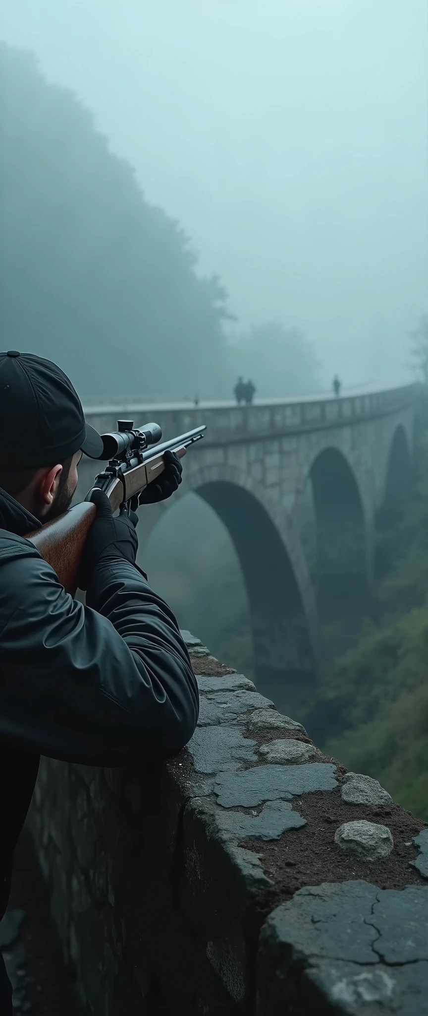 (masterpiece:1.2,Superior Quality,Mirror finish, Movie experiences ,  Best Illustration  ,Super detailed),8k, wallpaper, Movie Lighting,( describe the depth of the border  ),( Sniperの視点 ),( old bridge shrouded in fog :2.0),( aim at the target on the bridge:2.0),(Sniper:2.0),(Dark atmosphere:2.0),(Sniperが霧で見えにくい視界の中を遠くの橋の上にいるターゲットを狙っている:2.0)