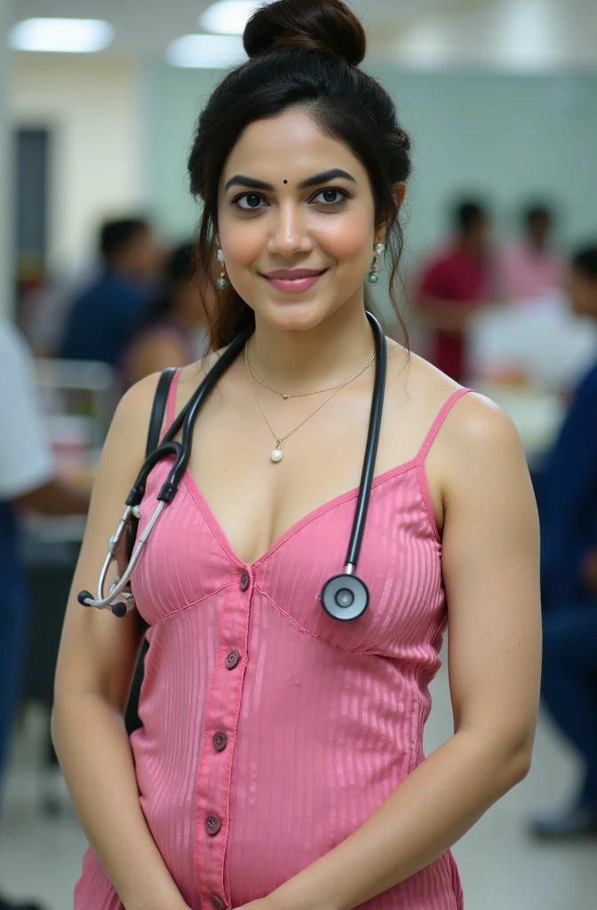 Create Full body image,Sexy indian doctor with large breast, wearing smartwatch in one hand, bindi on forehead,small pearl earrings,big cheeks,voluptuous figure,swooping Big large size breasts, dripping sweaty,Deep cleavage,hair bun tied up, navel,sultry, oily sweaty shiny skin,seductive eyes, wearing tight sleeveless pink open button scrubs showing deep cleavage,standing in a crowded hospital with a Stethoscope  (cinematic:1.3), intricate details, (ArtStation:1.2)