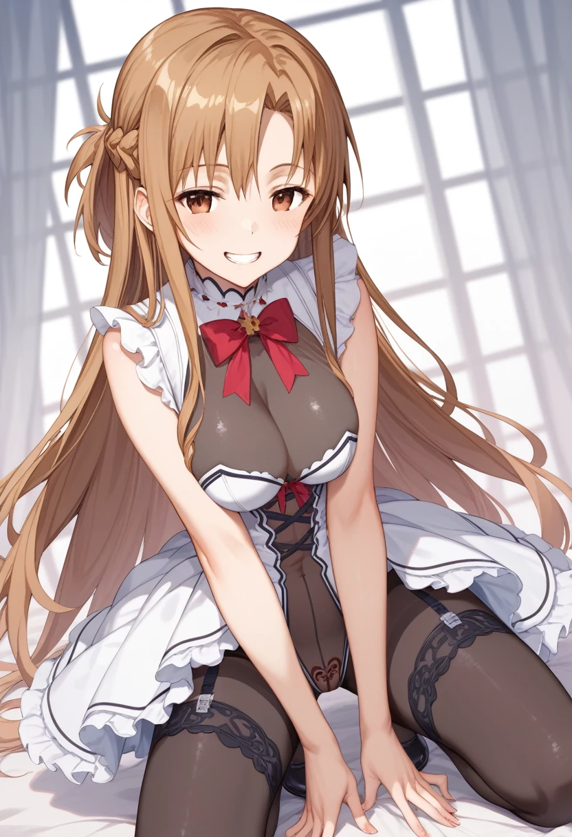 One beautiful woman、 Sword Art Online 、 yuuki asuna , brown eyes,brown hair, long hair, bangs, braid、corruption、empty eyes、half-closed eyes、evil smile:1.2、no pupils、evil grin、Combatant、dark magical girl、layered skirt、showgirl skirt、Petticoat, petticoat,  garter strap,  legwear , ( Body Stocking :1.4),Sleeveless、ribbon, leotard 、(see-through  leotard :1.4)、stomach cutout、Glowing tattoo on the crotch、nsfw、 open legs,Place hands on knees、(Squat)、I&#39;m out of breath、sweat、detail pussy,faceless one men,Man's hand on thigh、( sex:1.4)、(cowgirl position:1.4)、 penis:1.2、(:1.4)、( best quality:1.4), (masterpiece:1.4), ultra detailed, ( high definition :1.4),8k, Unity 8k 、(ultra-detailed face:1.4)、(Hires .fix:1.4)、(masterpiece, best quality, high definition :1.4)