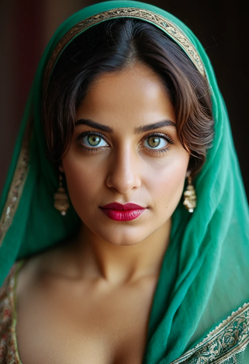 front shot, portrait photo of a 28 y.o (Qatari woman), (green headscarf), blue eyes, looks away, natural skin, skin moles, (cinematic, film grain:1.1) photograph, raw photo, 38d breasts woman, beautiful 29 yo persian-russian girl [Vladlena Farideh|Anahita Oksana], (((ultra realistic))) Photo, masterpiece, top quality, (Ultra detailed face and eyes:1.2), 1 girl, Adult, ((rays)), (Glare), ((upper body body)) , ultra detialed, thick, curly hair, detailed skin texture & pores, (goosebumbs:0.7), looking at viewer, closeup, film grain rubenesque figure, long face, 35 mm film camera, ((full size photograph)), natural skin, skin moles, cozy interior, (cinematic, film grain:1.1), ( wearing semi yellow top with big breast, big cheeks, red Hollywood lips )