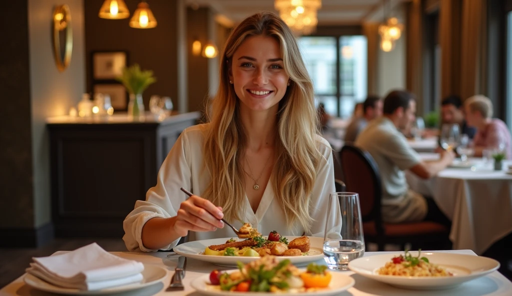 1girl, 20 years old, A sexy, blond long hair, blue eyes, black dress, spaghetti plate fancy restaurant, soft orange light, glass of wine, white table, woden flooring, not looking at camera, iphone photo