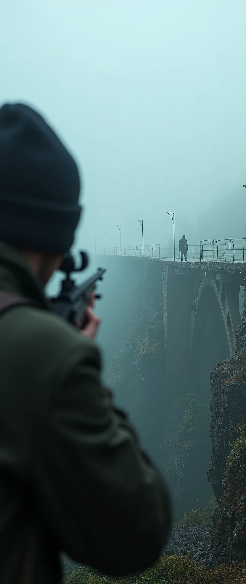 (masterpiece:1.2,Superior Quality,Mirror finish, Movie experiences ,  Best Illustration  ,Super detailed),8k, wallpaper, Movie Lighting,( describe the depth of the border  ),( Sniperの視点 ),( old bridge shrouded in fog :2.0),( aim at the target on the bridge:2.0),(Sniper:2.0),(Dark atmosphere:2.0),(Sniperが霧で見えにくい視界の中を遠くの橋の上にいるターゲットを狙っている:2.0)