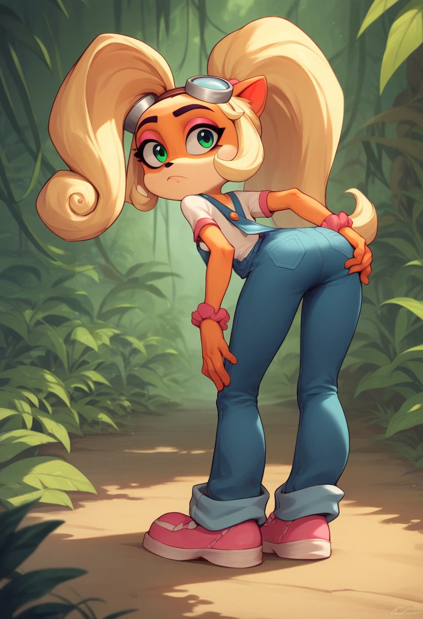 Coco, solo, 1 girl, female, furry, animal ears, orange fur, blonde hair, green eyes, pink eyeshadow, ponytail, long hair, googles on head, white shirt short sleeves, pink shoes, denim overalls pants, flat breasts, wide hips, sexy legs, looking at viwer, confused face, jungle, back view, holding ass, Bent over