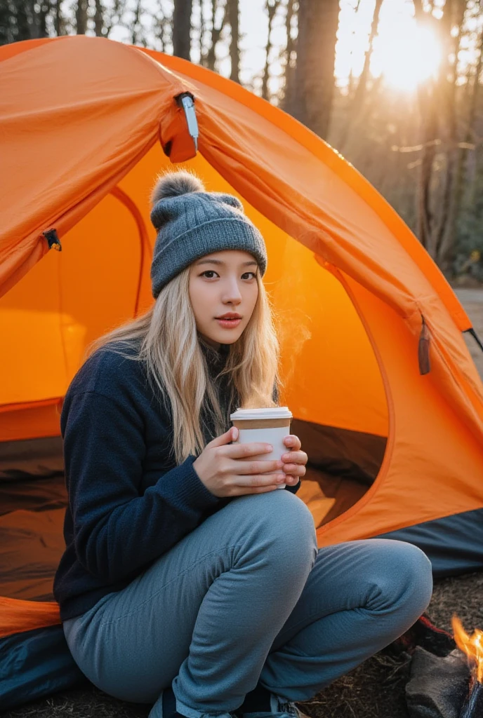 A professional outdoor photography of a beautiful young blond woman camping the wood; she wearing an fleece jacket, sweatpants and gray wool hat; she sitting outside of her orange tent on a small chair; she holding a cup of coffee; small campfire; winter season; cozy atmosphere; sunset; sunset light; back lighting; diffused light; depth of field, nsfw