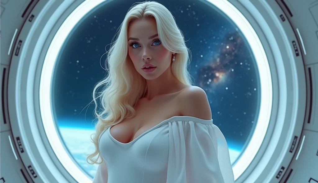 ((very cute woman in a very short white silk dress))、Wearing white silk garter set、4k、photograph、masterpiece、最high quality、space background、((One girl with dark eyes and gorgeous light blonde curly hair))、She is a beautiful face、(とてもbig assの胸)、various poses。((big breasts:1.4))、highly detailed face、detailed eye。sexy、(((space background)))、big ass、masterpiece, 最high quality, high quality, High resolution