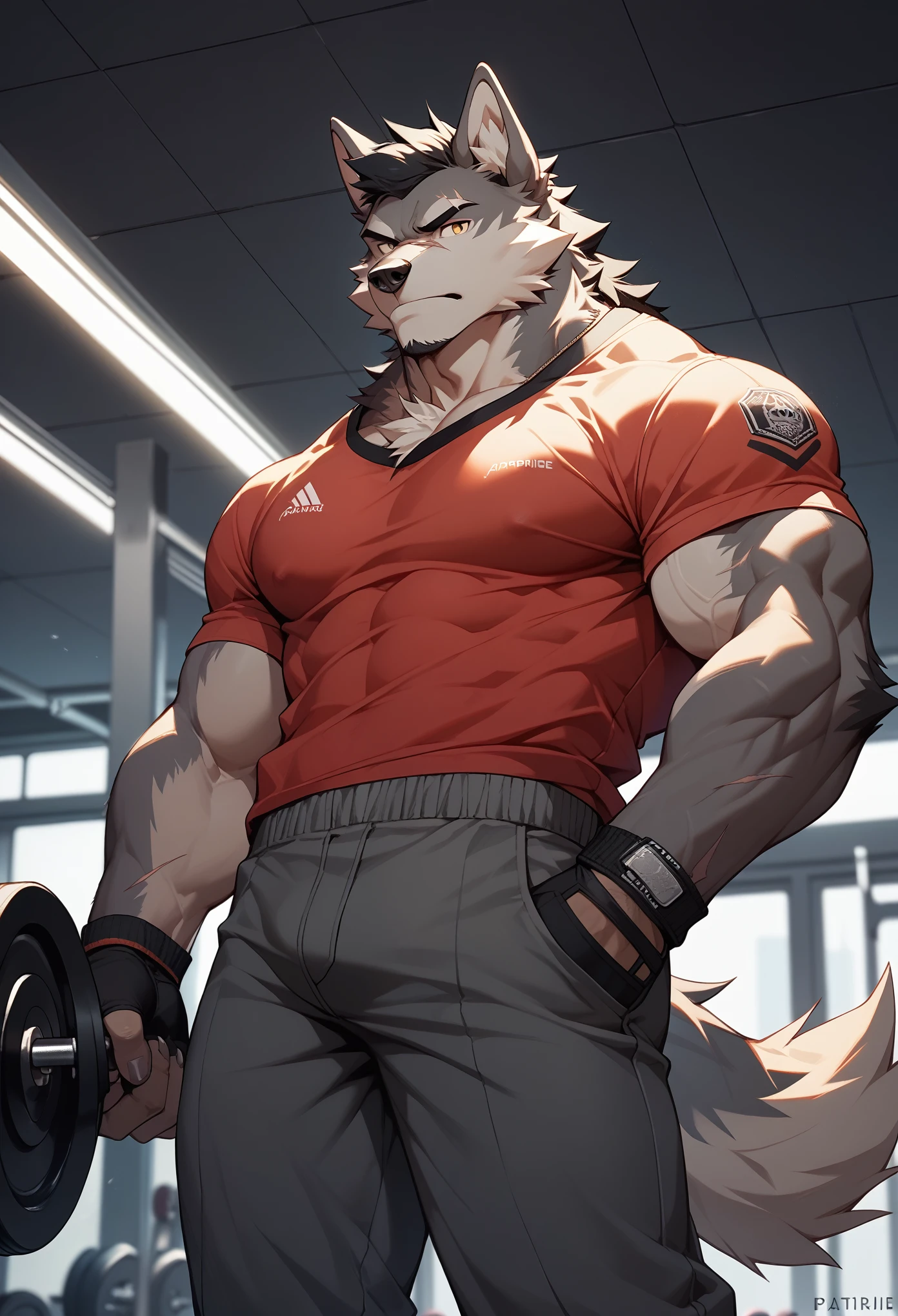 furry, furry male, Male Focus, Tail, 1 Boy (: 2.1), Wolf, Hairy Wolf, Man, Muscular, Black Hair, Gray Cargo Pants, Muscular Adult Male, Slick (: 1.5), Serious gaze (: 1.6)，In the gym，Black tight top，perspire，Short black hair(:1.5)，Scars on the body，Black fingerless gloves，Short black hair