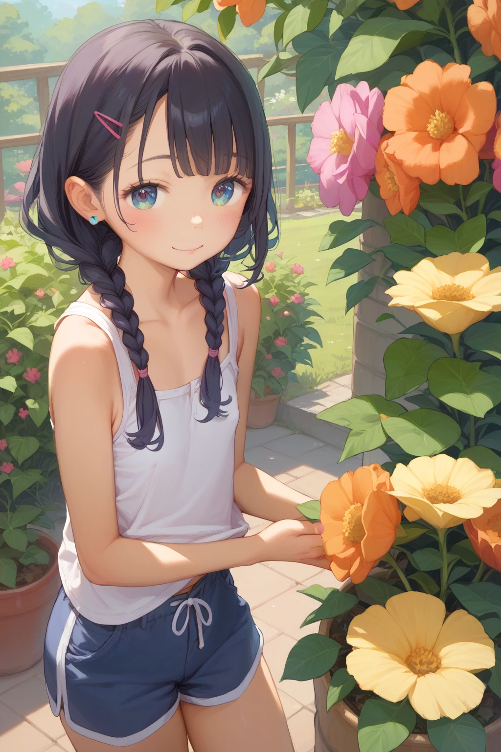  High Quality、Beautiful eyes、Detailed eyes、 cute face、 Baby Face 、、 elementary school students、 tank top、 black hair、 hair with braids、 girl、whole body、 flat chest、 shorts 、garden