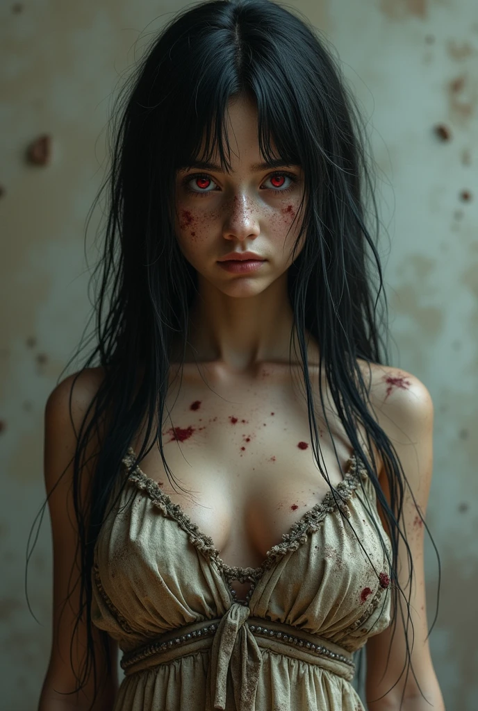 a corpse girl, extremely detailed and realistic, always repeating the same face, always repeating the same appearance, always repeating the same proportions, always repeating the same clothes, always repeating the same marks and wounds on the skin, alone , full body, front lighting, deteriorated eyes, wearing shorts and t-shirt, many rotten wounds, many bruises, the whole body is very deteriorated, hair is falling out, big wounds, big holes full of worms all over the body, whitish and opaque eyes, blood in the eyes, diagonal back view, round ass, very huge ass