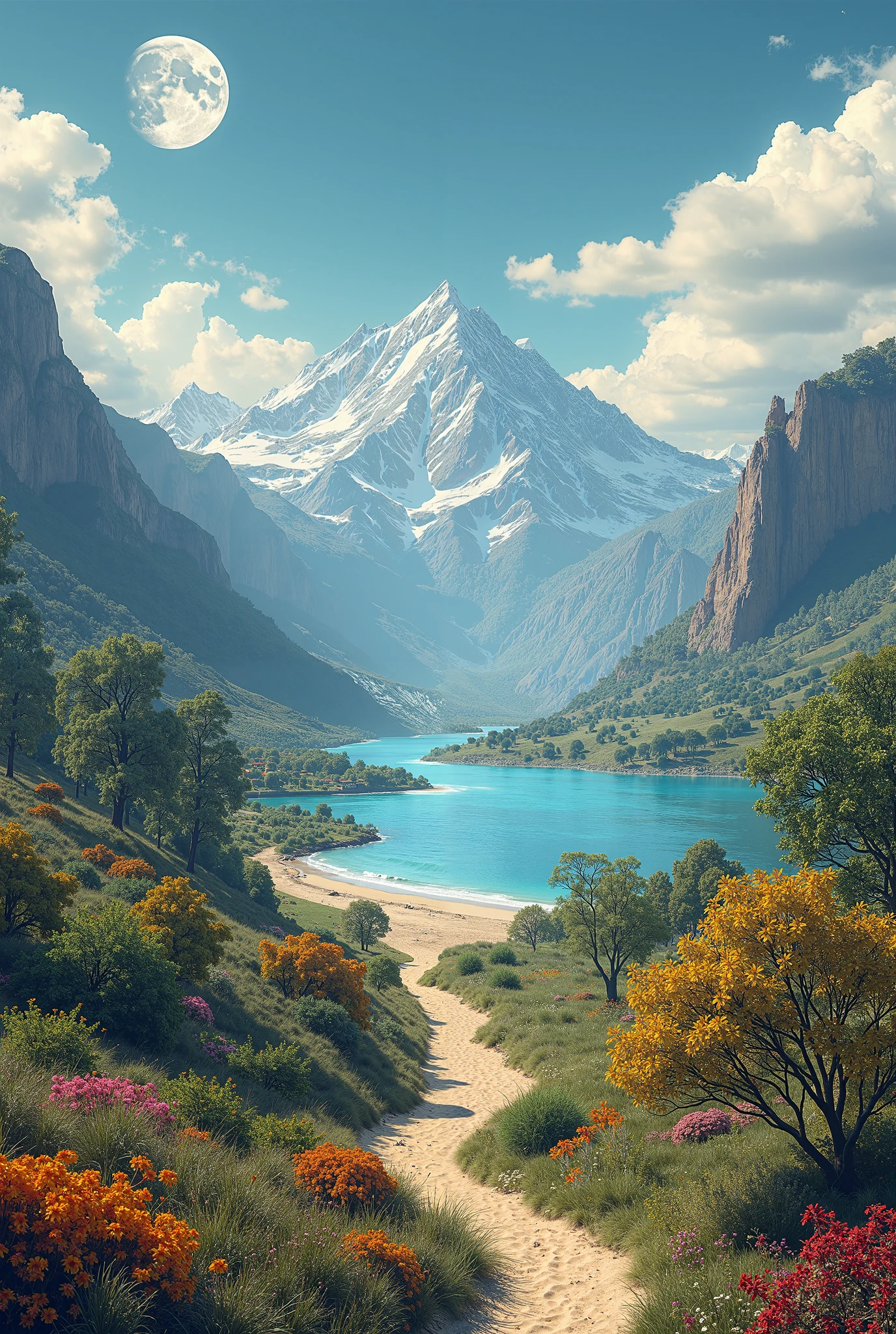 utopian fantasy landscape, extreme wide, landscape layout, zoom out, map, snow peaked mountains in background, lake, beach, earth pathways, baobab trees, river in distance, water falls, large moon, morning time, Cirrostratus Clouds, flowers, surreal landscape, diverse geographical features, The terrain to create images is varied, showcasing the Earth’s natural beauty in all its forms