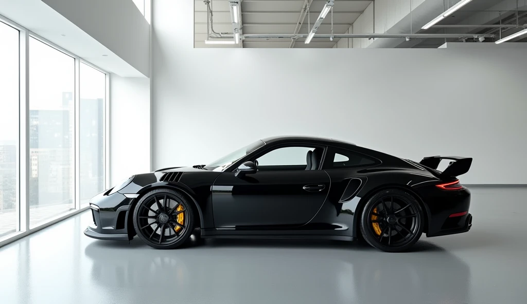 Left side view of a luxurious Black Porsche 911 sports car in a modern indoor garage. with an aggressive design. The environment is clean and minimalistic, with white walls, large windows, and bright lighting that reflects off the car's polished surface."

