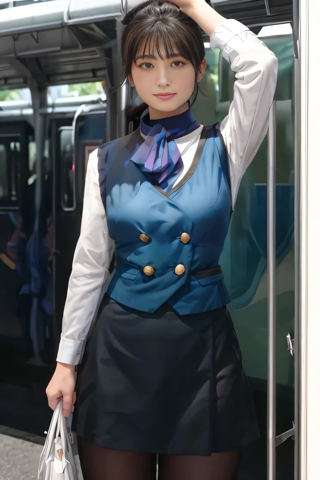 (masterpiece:1.2,  best quality:1.2), 32kHDR,  kampala, (Alone、  1 girl)、（What is 、 Professional Lighting）、In-flight background、（Nankai Train crew uniformを着たリアルなスタイル）、（（Nankai train crew uniform green vest））、（（ Nankai train crew uniform collarless white long sleeve blouse）） 、（（Black Curly Culotte Skirt 、Scarf around the neck））、 Dark brown hair 、（ Long Hair、Hair tied up、Hair tied up）、 Dark brown hair 、 Long Hit 、Big Breasts、Thin legs、（（Great hands：2.0）），（（  Harmonious Body Proportions ：1.5）），（（Normal limbs：2.0）），（（Usually refers to：2.0）），（（ DELICATE EYES：2.0）），（（Normal eyes：2.0））)、smile、（Nankai Train crew uniformを着た美しい姿）、Hands clasped underneath