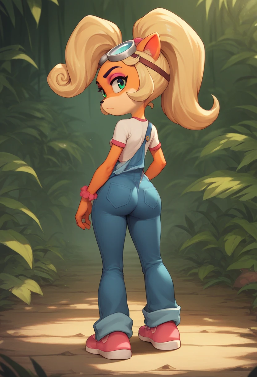 Coco, solo, 1 girl, female, furry, animal ears, orange fur, blonde hair, green eyes, pink eyeshadow, ponytail, long hair, googles on head, white shirt short sleeves, pink shoes, denim overalls pants, flat breasts, wide hips, sexy legs, looking at viwer, confused face, jungle, back view, holding ass, Big ass