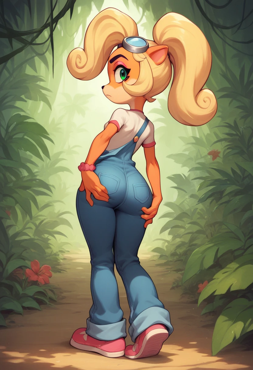 Coco, solo, 1 girl, female, furry, animal ears, orange fur, blonde hair, green eyes, pink eyeshadow, ponytail, long hair, googles on head, white shirt short sleeves, pink shoes, denim overalls pants, flat breasts, wide hips, sexy legs, looking at viwer, confused face, jungle, back view, holding ass, Big ass