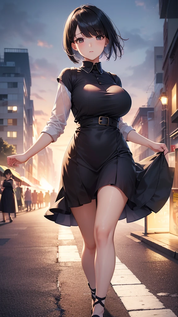 ((very slim)) Riley Reid, ((((huge boobs)))), (masterpiece), (beautiful face), smiling, 8k, (8k), (blue eyes), (best resolution), (best quality), (high mini pleated skirt), tight white blouse with sleeves, (full body photo), at a street, ((curvy silhouette))