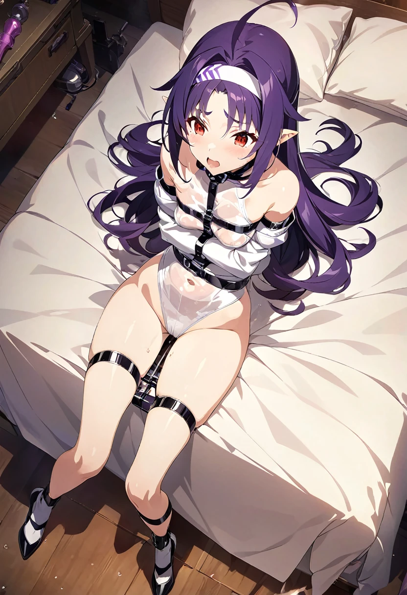 Yuki Bass , Purple Hair, Long Hair, Ahoge, red eyes, Pointy Ears,  headband,  Detachable Sleeves  ,  leotard, Purple Skirt, Shoulder Bare, Gloves,  one girl ,  Movie-like , Game CG,  animated screenshot,  Official Art, masterpiece,  best quality,  Girl Wearing White Restraint ,  White Restraint White Disheveled Hair, Inside sheet,Restraint belts everywhere ,Arms tied, Latex straitjacket  , Wet clothes,  sheer clothes, sex toys, sex machine, navel, black panty, bedroom,  looking down at it from above, bed, suspended