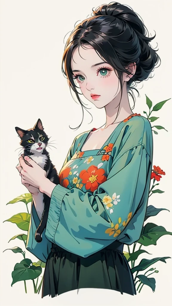 yxycolor,girl ,coffee cup,Cat,black hair,Simple drawing、green,blue,orange color,illustration,green plants,A small number of flowers,clean background