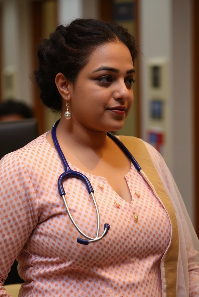 Create Full body image,Sexy indian doctor with large breast, wearing smartwatch in one hand, bindi on forehead,small pearl earrings,big cheeks,voluptuous figure,swooping Big large size breasts, dripping sweaty,Deep cleavage,hair bun tied up, navel,sultry, oily sweaty shiny skin,seductive eyes, wearing tight sleeveless pink open button scrubs showing deep cleavage,standing in a crowded hospital with a Stethoscope  (cinematic:1.3), intricate details, (ArtStation:1.2)