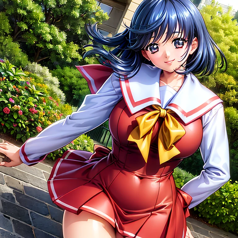  ((1girl)), (best quality), (masterpiece), (focus on face), つやのある肌, arm behind back, smile, voluptuous, glistening breast, school uniform, sailor suit, medium large breasts