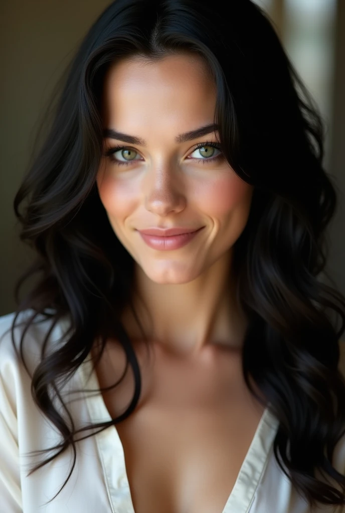 Very white woman 25 years old 70 kg white blouse piercing green eyes smile looks like Scarlet Johanson very black hair not very thin not Asian who doesn't look like a model