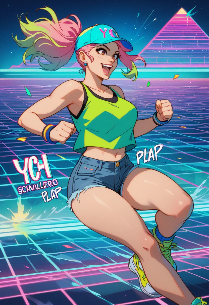 1 girl running, motion effects, synthwave 80s ,neon, fluorescent colors, action,Girl wears a blue cap ,a green top , brown eyes , short and tight denim shorts ,Your thighs are thick, her hair dyed pink and short , yellow sneakers happy expression. Masterpiece,80&#39;s style, iluminaction global