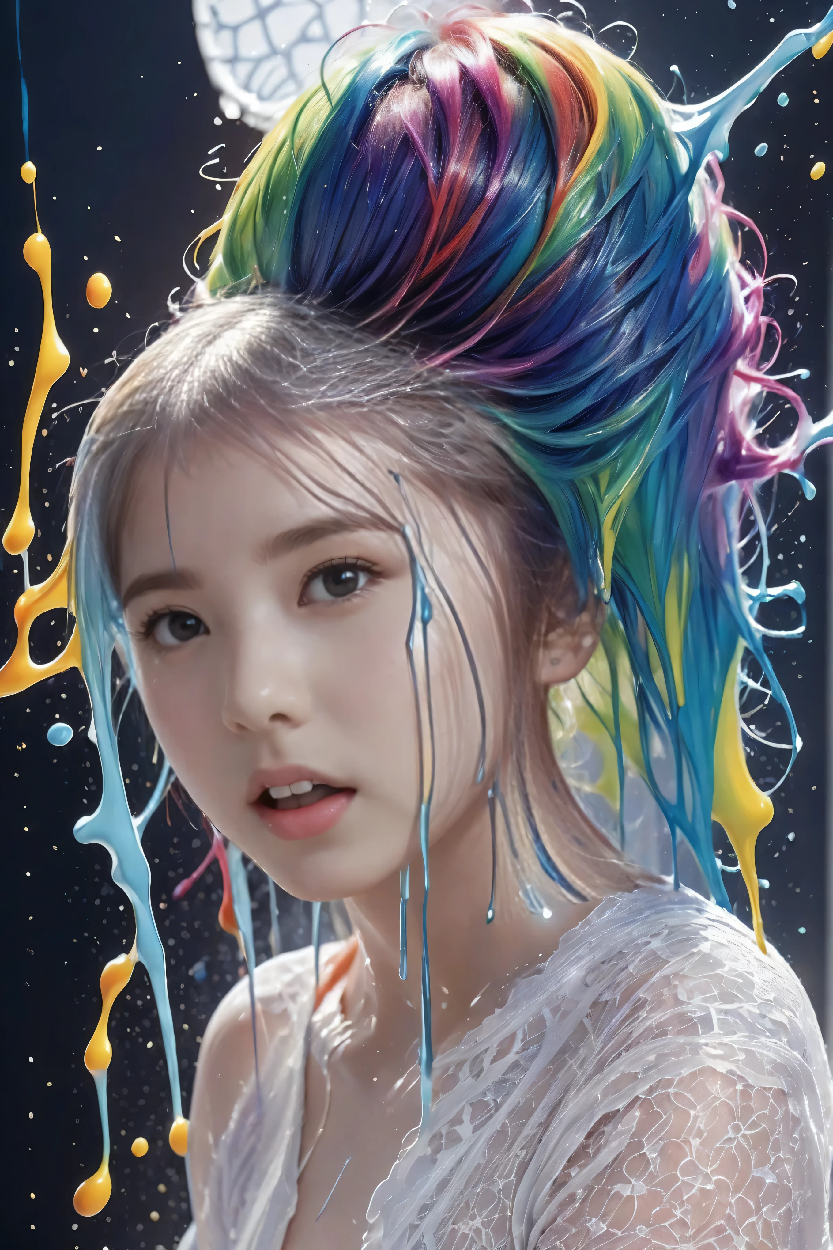 (Level Difference:1.8),(Paint collision 、 splashing on canvas ),( Professional Lightning ),( flat color :1.1,(Theme)),1 person,poster,, Young Face, (( embarrassed expression :1.4)), short hair, Medium bust , ((( she has liquid dye applied to her naked body..:1.4))), (( spreading paint with hands :1.4)), ( applying liquid dye to naked skin :1.4), sits on the floor , Full body woman love,Strong winds,Thick Smoke,,( liquid dye for iridescent hair :1.1) I drew,Anti-gravity, stringy viscous liquid ,( paint splashes :1.3),Liquidity, amazingly beautiful , masterpiece, detailed background,Super high quality model, wonderful background,Abstract Beauty, Volume, Painting,Blowing, romantic lighting , Japanese,Shine,8k, High image quality, wonderful, ray tracing , human development report , Sacred Light ,((Thin lace underwear:1.4)),