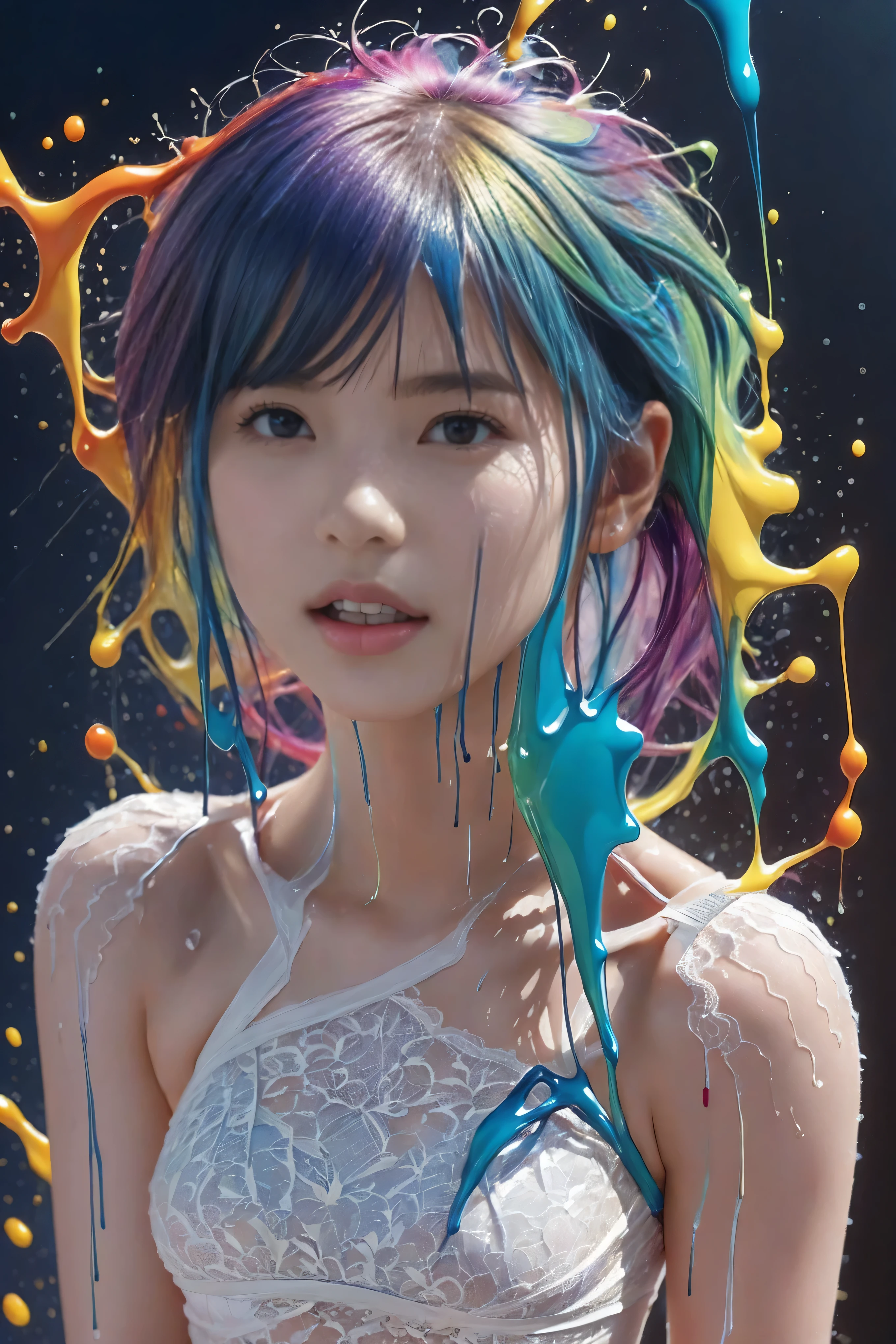 (Level Difference:1.8),(Paint collision 、 splashing on canvas ),( Professional Lightning ),( flat color :1.1,(Theme)),1 person,poster,, Young Face, (( embarrassed expression :1.4)), short hair, Medium bust , ((( she has liquid dye applied to her naked body..:1.4))), (( spreading paint with hands :1.4)), ( applying liquid dye to naked skin :1.4), sits on the floor , Full body woman love,Strong winds,Thick Smoke,,( liquid dye for iridescent hair :1.1) I drew,Anti-gravity, stringy viscous liquid ,( paint splashes :1.3),Liquidity, amazingly beautiful , masterpiece, detailed background,Super high quality model, wonderful background,Abstract Beauty, Volume, Painting,Blowing, romantic lighting , Japanese,Shine,8k, High image quality, wonderful, ray tracing , human development report , Sacred Light ,((Thin lace underwear:1.4)),