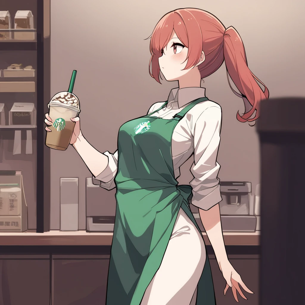 1girl, medium breasts,solo,
starbuni, emblem,green apron,starbucks, holding pen,
from side, wide shot, looking up, expressionless,  closed mouth,
best quality,medium quality,