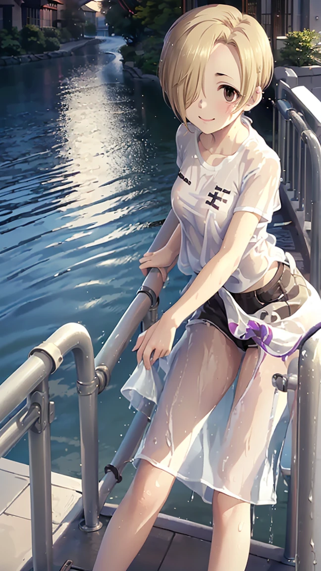 masterpiece,  best quality,  high definition ,  very detailed,(((Shirasaka Koume))), ((( 1 girl))), (((solo))), (((Blonde))), (((Brown Hair))), ((( shorthair ))), ((( hair covering one eye ))), (((Wear a wet white shirt that you can see through))), (((smile))), (((Around town))), (((handrail))), (((lake))), (((Daytime)))