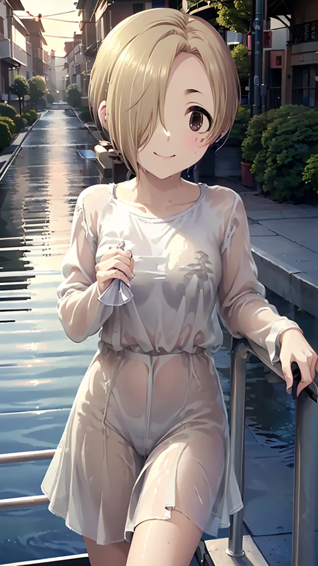 masterpiece,  best quality,  high definition ,  very detailed,(((Shirasaka Koume))), ((( 1 girl))), (((solo))), (((Blonde))), (((Brown Hair))), ((( shorthair ))), ((( hair covering one eye ))), (((Wear a wet white shirt that you can see through))), (((smile))), (((Around town))), (((handrail))), (((lake))), (((Daytime)))