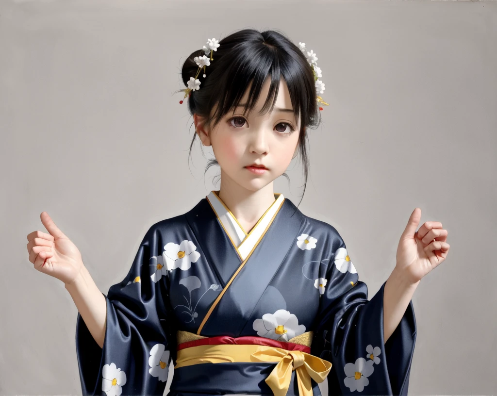  mature woman , Alone,  shorthair ,  simple background,  black hair, Hair accessories,  Long Sleeve ,  Brown Eyes ,  closed mouth,  upper body, flower, japanese clothes, signature, Hair Flowers, kimono, Hair Bun,  dark eyes,  raise your arms, lips,  is looking sideways, sash,  is looking sideways, traditional media, Expressionless, heart, fローラl print, single Hair Bun, Pale skin,  Take Care of Your Hair Yourself , Realistic, nose, Hair Adjustment, print kimono,  I'm going to raise my hair,  Put your hands on your head, graphite  ( medium), Hairpin,  up hair,  for Traditional Media,  mixed media, Tamamura 