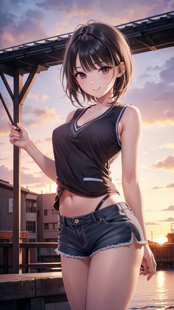 Tabletop, Highest quality, Realistic, In detail, High resolution, 8k wallpaper, Perfect dynamic composition, Beautiful attention to detail, (short Hair, Shiny hair, wave), Hair blowing in the wind, Big ample breasts, cleavage, Random pose, ((cute and thin jacket)), (cute and sexy tank top), (cute, black, skirt)、(Breast bulge:1.3), cleavage, Laughter, Cityscape, Walking around Tokyo, ((Sitting with legs spread wide)), 23 years old、(Droopy eyes)、Adult Beauty、Japanese, ((from below, Photo from a camera placed on the ground)),