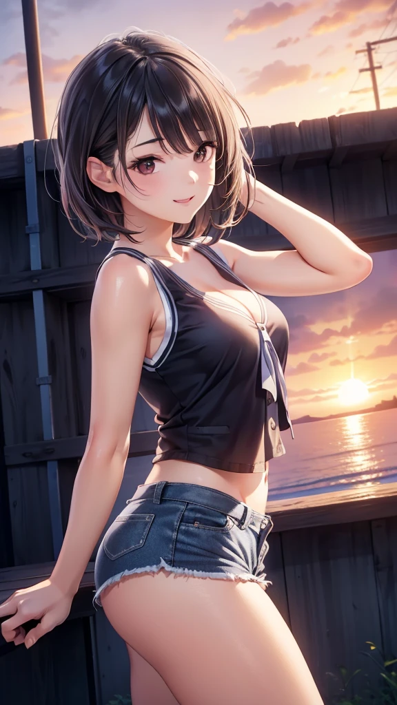 1 Girl, Photo model ,  Smile, Focus on the audience,   beautiful lighting,  is the best quality, masterpiece,  Ultra High Resolution , photorealistic,  dark hair , Short vest,  shorts, stocking,  medium breasts,  white skin,( Sunset background:1.4)