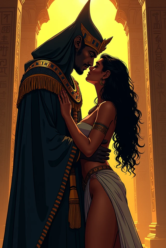 Anubis seduciendo a una mujer; Y otra mujer que vigila a Anubis