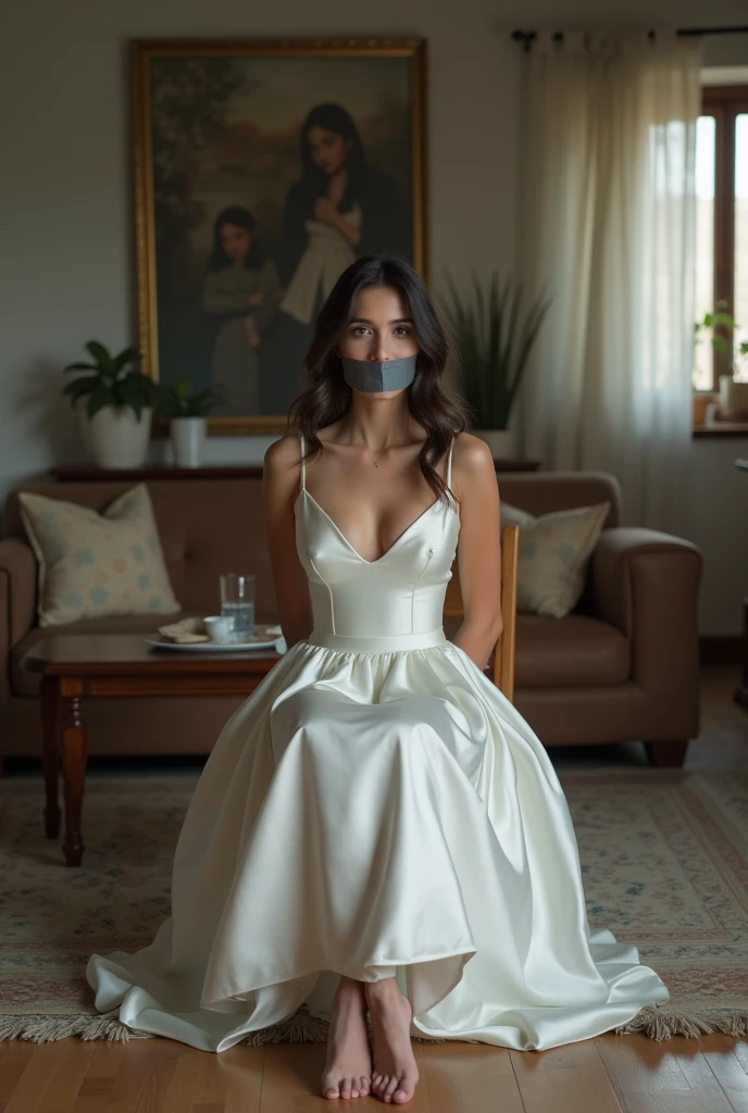(bright lighting,romantic setting),bride captured, dreamy background,bondage,dark hair, mesmerizing gaze, , soft skin, alluring beauty, artistic portrait, high-quality image, vibrant colors, long silk gown, in the bed,tape bondage,tape gag, mosquito net, bridal