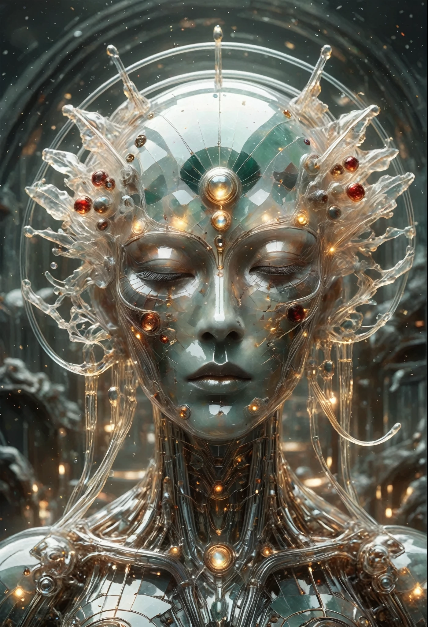 Psychedelic style cinematic film still, close up, a robot woman stands tall, half-human half machine, amongst an ancient Greek gallery of paintings and marble, religious symbolism, quantum wavetracing, high fashion editorial, glsl shaders, semiconductors and electronic computer hardware, amazing quality, wallpaper, analog film grain, perfect face skin , wet eyes. vivid warm color tone.  <lora:Artists_Edge-000006:0.4>, Made of futuristic materials with reflective textures),  [white, silver, mixed color accents], [tiny led lights set beneath translucent chassis sections] hyper realistic, real plastic textures, (scuffs, scratches, [[cracks]] on plastics),  sleek curved lines, year 3000 technology, [copper circuit lines], (an ambient occlusion render:1.1). . Muted colors, swiriling patterns, abstract forms, surreal, trippy