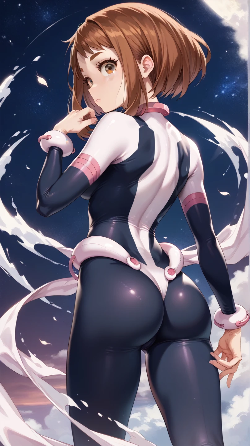 (side angle), ochako uraraka, brown eyes, brown hair, short hair, blush, blush stickers, bodysuit, skin tight, superhero, slender body, tiny waist. sexy body, sexy figure, slim legs, slim figure, sexy, tiny waist, desireable, tempting, lust, butt, back view, back, dos, fesses 