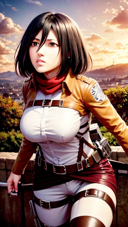 Attack on Titan　Mikasa　Mikasa's sharp body　High image quality　Beautiful eyes　Dynamic movement　Aerial　Flying through the sky with a three-dimensional maneuverable device　Line of sight　Big Breasts　Butt　 The background is a medieval cityscape 　Natural lighting 　A natural glow on the eyes　 Dynamic Poses