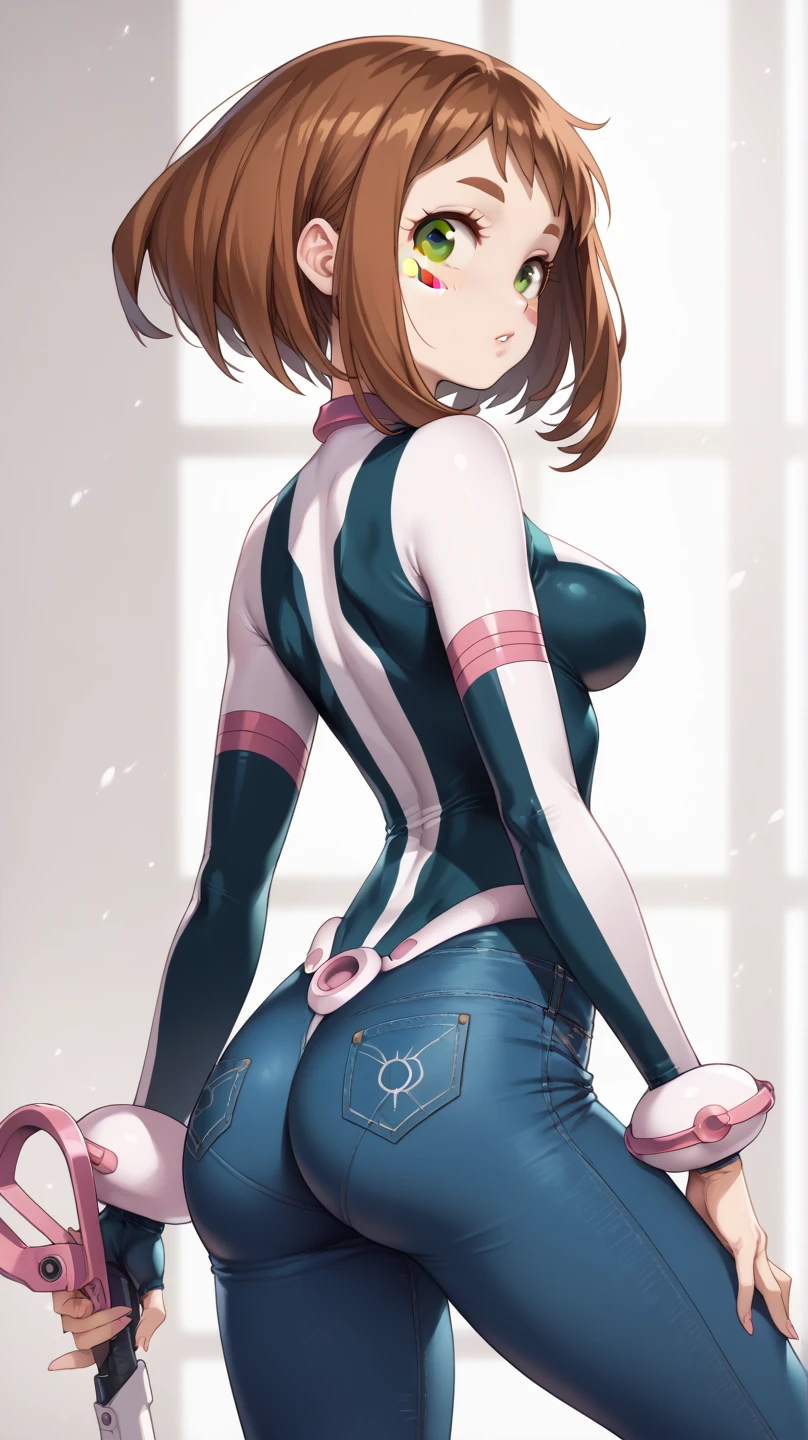 (side angle), ochako uraraka, brown eyes, brown hair, short hair, blush, blush stickers, bodysuit, skin tight, superhero, slender body, tiny waist. sexy body, sexy figure, slim legs, slim figure, sexy, tiny waist, desireable, tempting, lust, butt, back view, back, dos, fesses , pantalon jeans, poches arrières pantalon, bottes noires 